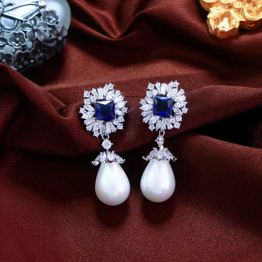 Sparkling Dark Blue Cubic Zirconia Dangling Drop Pearl Long Wedding Banquet Engagement Party Earrings for Women