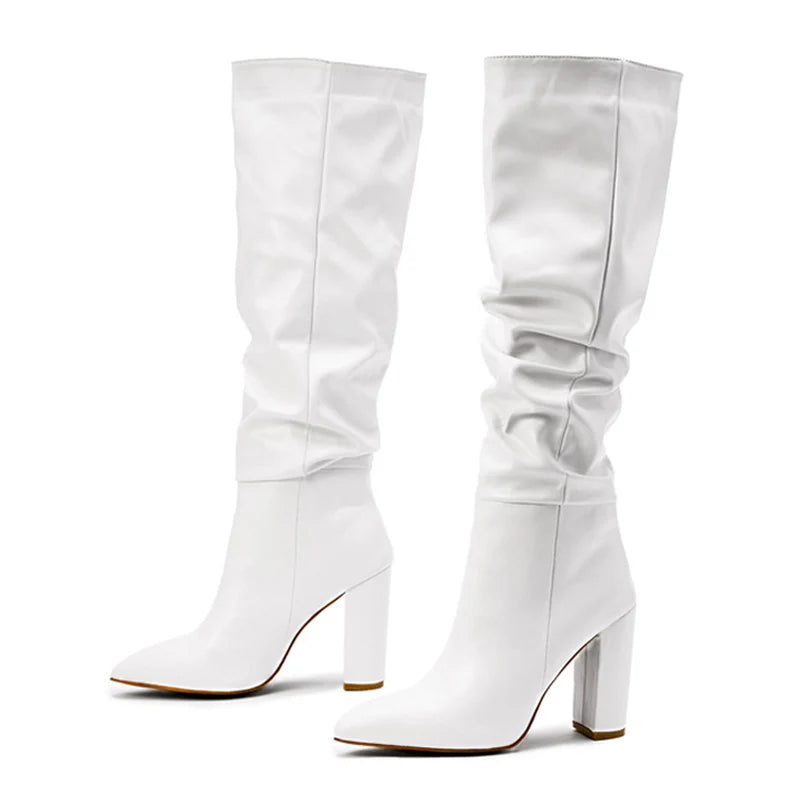 New Black White Knee High Boots Women Fashion Pleated Designer Heels Sxey Pointed Toe Party Dress Dance Shoes Botas De Mujer