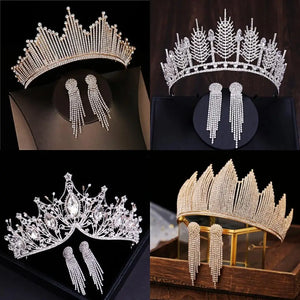 Baroque Luxury Silver Color Crystal Bridal Tiaras Crown With Earrings Rhinestone Pageant Diadem Wedding Hair Accessories Bijoux