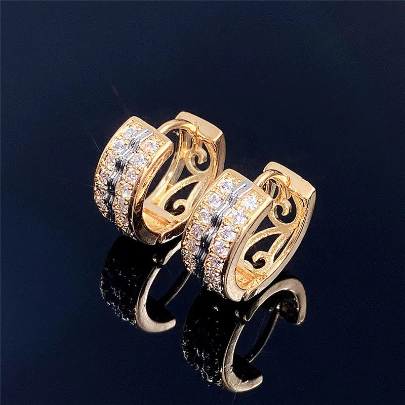 Two Tone Hoop Earrings for Women Micro Paved CZ Hollow Out Pattern Chic Female Earrings Fashion Jewelry