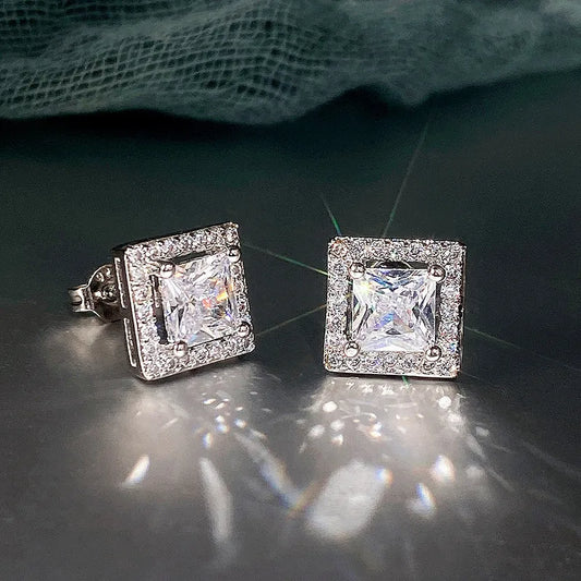 Luxury Princess Cut CZ Stud Earrings Silver Color Accessories for Lady's Vintage Party Elegant Versatile Women Earrings