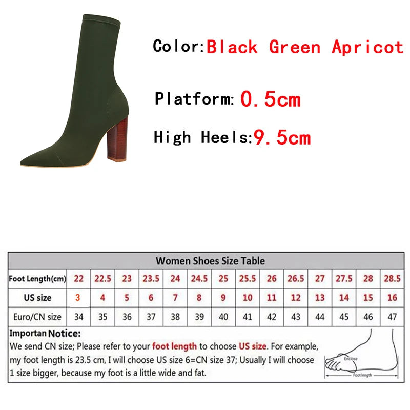 Size 42 43 Women Ankle Boots Square High Heels Pumps Fall Fashion Comfort Stretch Fabric Sock Boot Femme Party Dress Shoes - EUFASHIONBAGS