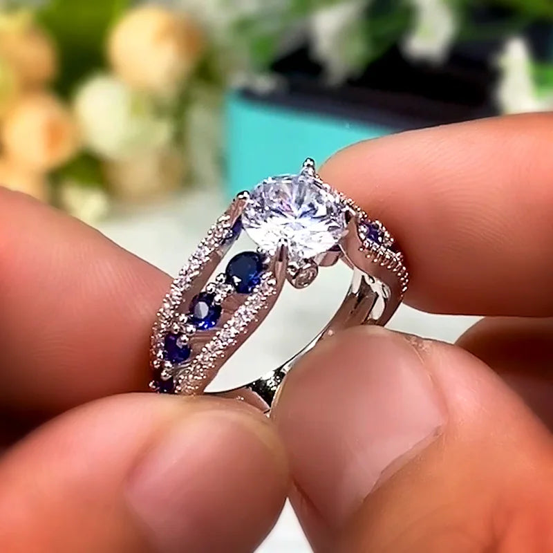 Special-interest Wedding Rings Women Blue/White Round CZ Novel Designed Female Party Ring Temperament Gift Trendy Jewelry - EUFASHIONBAGS