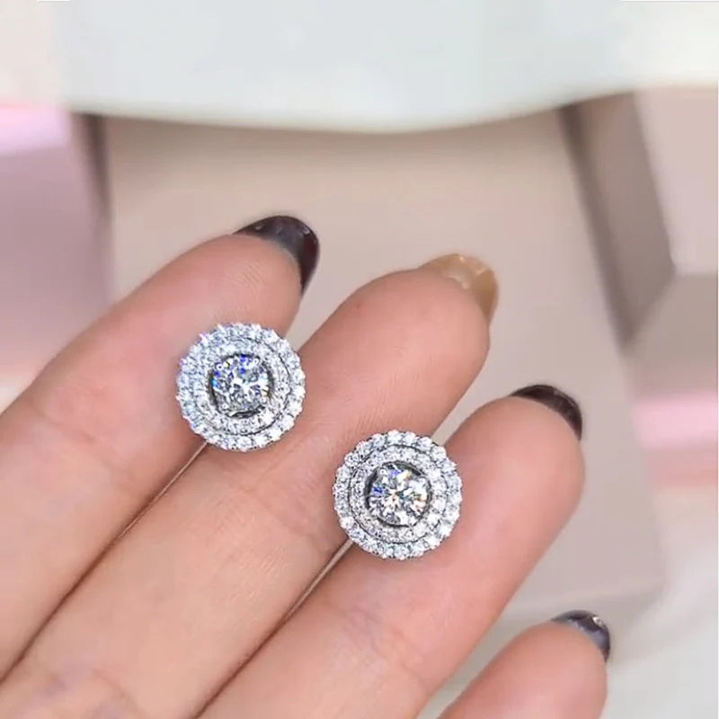 Trendy Dazzling Cubic Zirconia Round Shaped Stud Earrings Women Wedding Party Piercing Accessories Simple Stylish Jewelry