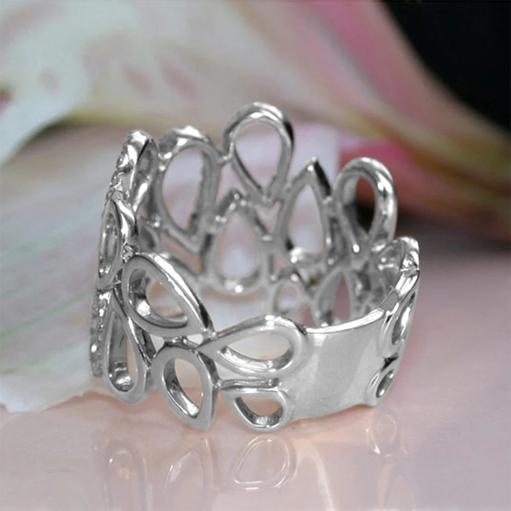 New Fashion Hollow Out Water Drop Linked Women Finger Ring Silver Color CZ Stylish Versatile Female Party Daily Wear Ring