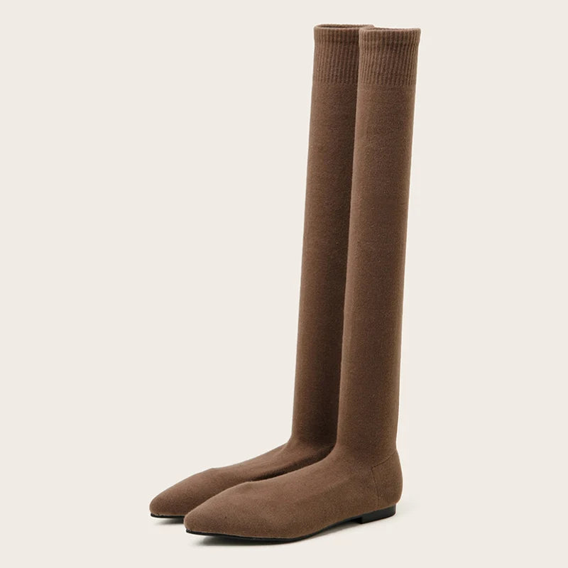 Size 34-40 Fashion Slim Leg Thigh High Sock Boots Women Black Stretch Fabric Pointed Toe Flat Heels Over The Knee Slip On Shoes