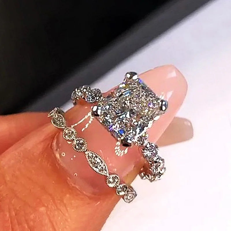 Creative Wedding Sets Rings Women Fashion Double Stackable Design Square White Cubic Zirconia Ring Jewelry