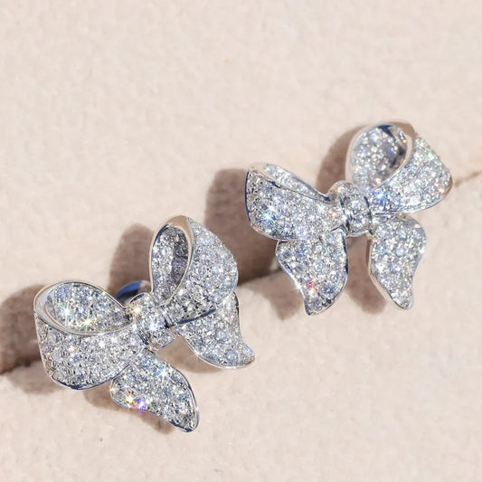 Romantic Bowknot Women Stud Earrings Full Paved Shiny Crystal Zircon Delicate Girl Accessories Fashion Earrings Jewelry