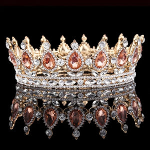 Bride Royal Pink Crystal Queen King Tiaras Baroque Round Crowns Big Rhinestone Pageant Diadem Headband Wedding Hair Accessories