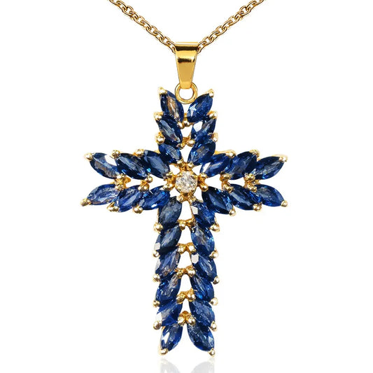 Luxury AAA Navy Color Cubic Zircon Cross Pendant Necklaces Delicate Women Stylish Accessories for Party Fashion Jewelry