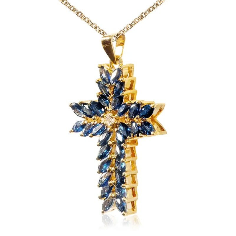 Luxury AAA Navy Color Cubic Zircon Cross Pendant Necklaces Delicate Women Stylish Accessories for Party Fashion Jewelry