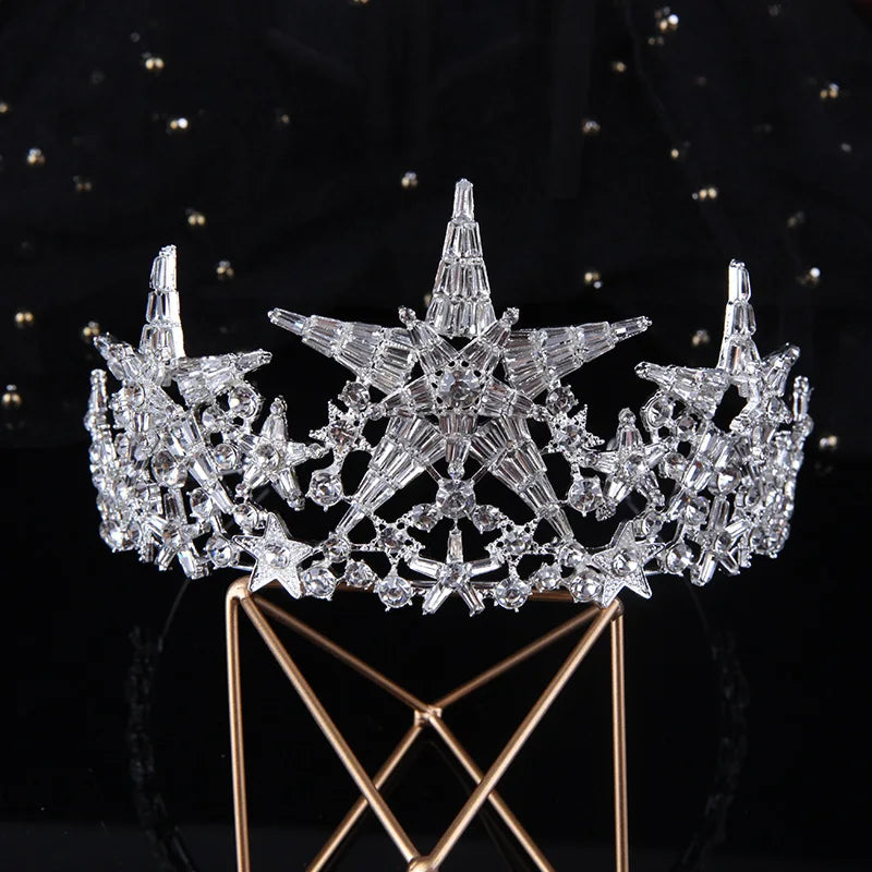 Baroque Luxury Sparkling Crystal Star Bridal Tiaras Crown Big Rhinestone Pageant Diadema Bride Headband Wedding Hair Accessories - EUFASHIONBAGS