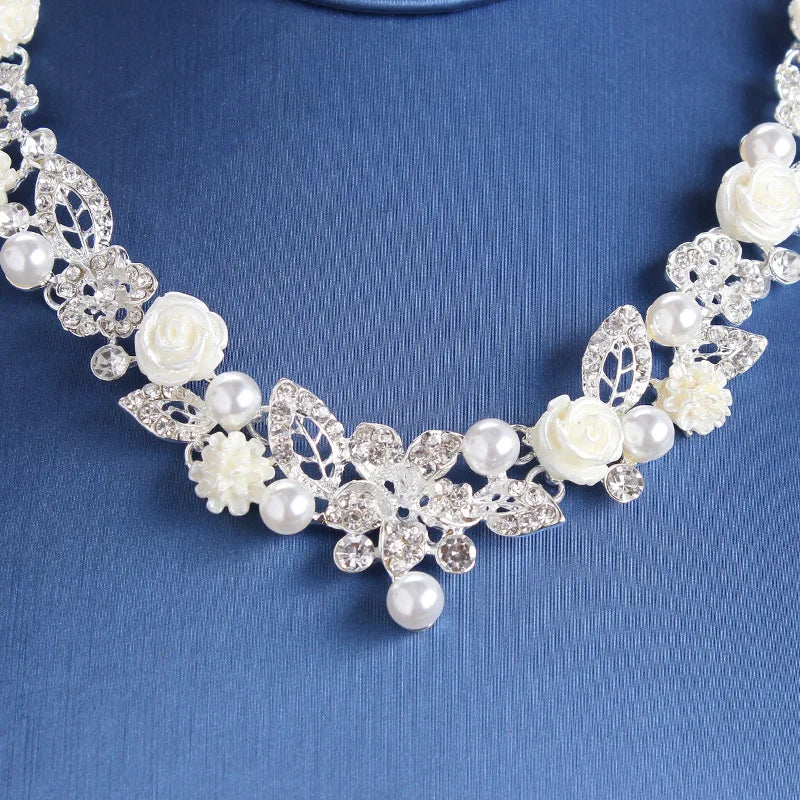 Luxury Bride Crystal Pearl Flower Costume Jewelry Sets Rhinestone Choker Necklace Earrings Tiara Crown Women Wedding Jewelry Set - EUFASHIONBAGS