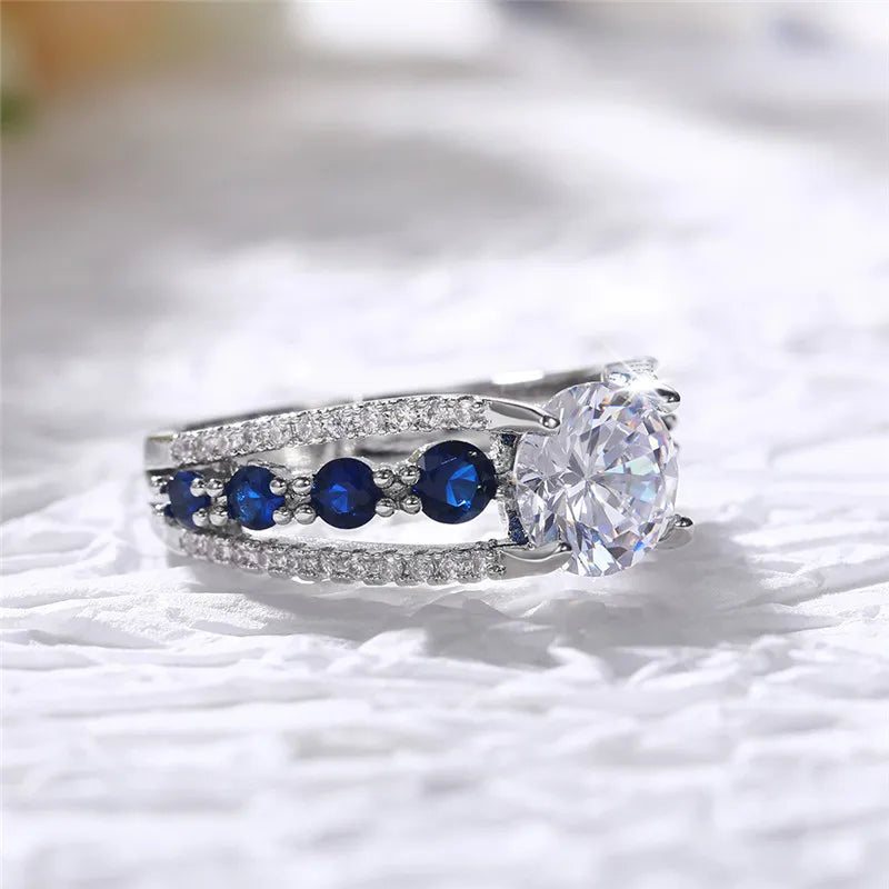 Special-interest Wedding Rings Women Blue/White Round CZ Novel Designed Female Party Ring Temperament Gift Trendy Jewelry - EUFASHIONBAGS