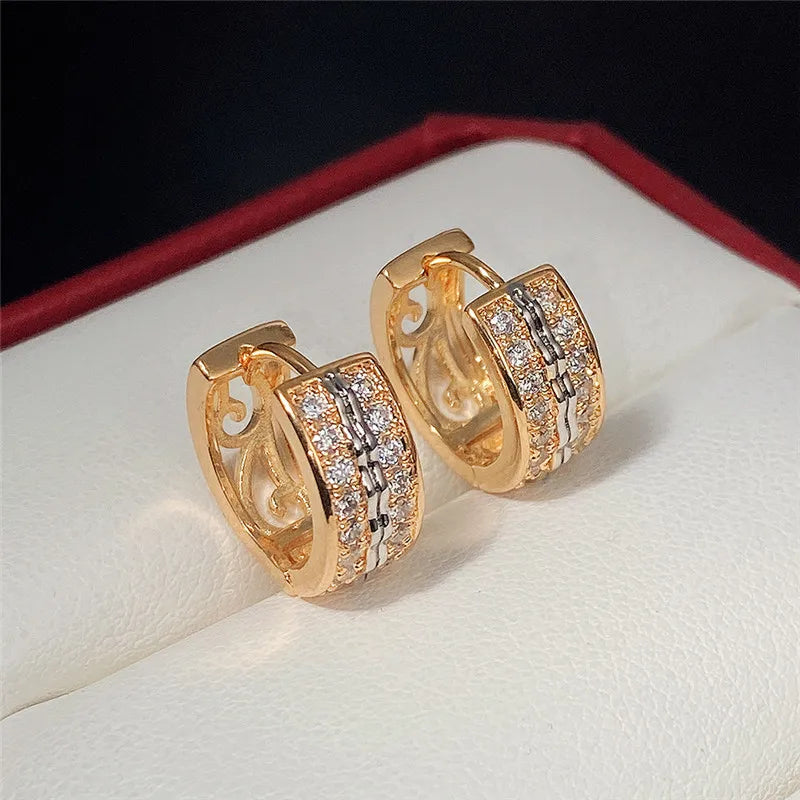 Two Tone Hoop Earrings for Women Micro Paved CZ Hollow Out Pattern Chic Female Earrings Fashion Jewelry - EUFASHIONBAGS