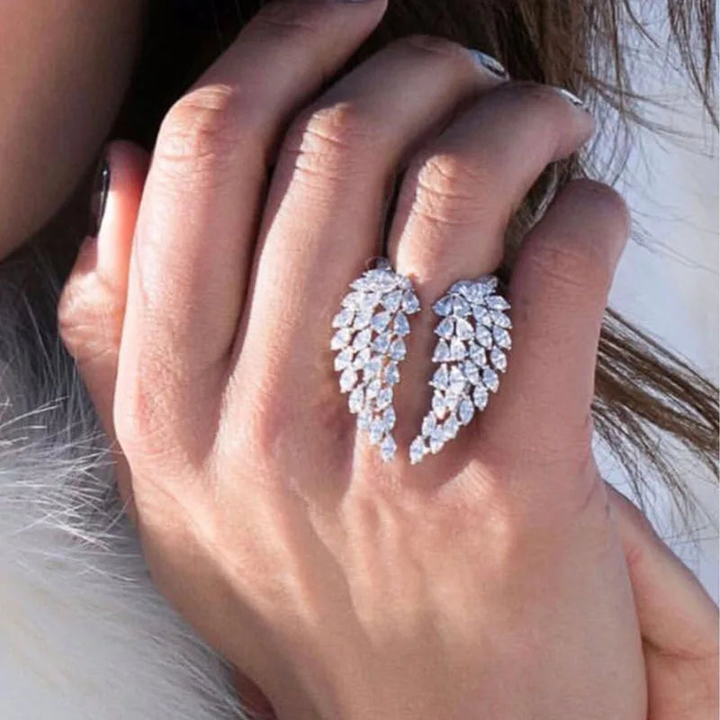 Bling Bling Wing Feather Rings Women Novel Design Romantic Accessories for Party Adjustable Opening Ring Fashion Jewelry - EUFASHIONBAGS