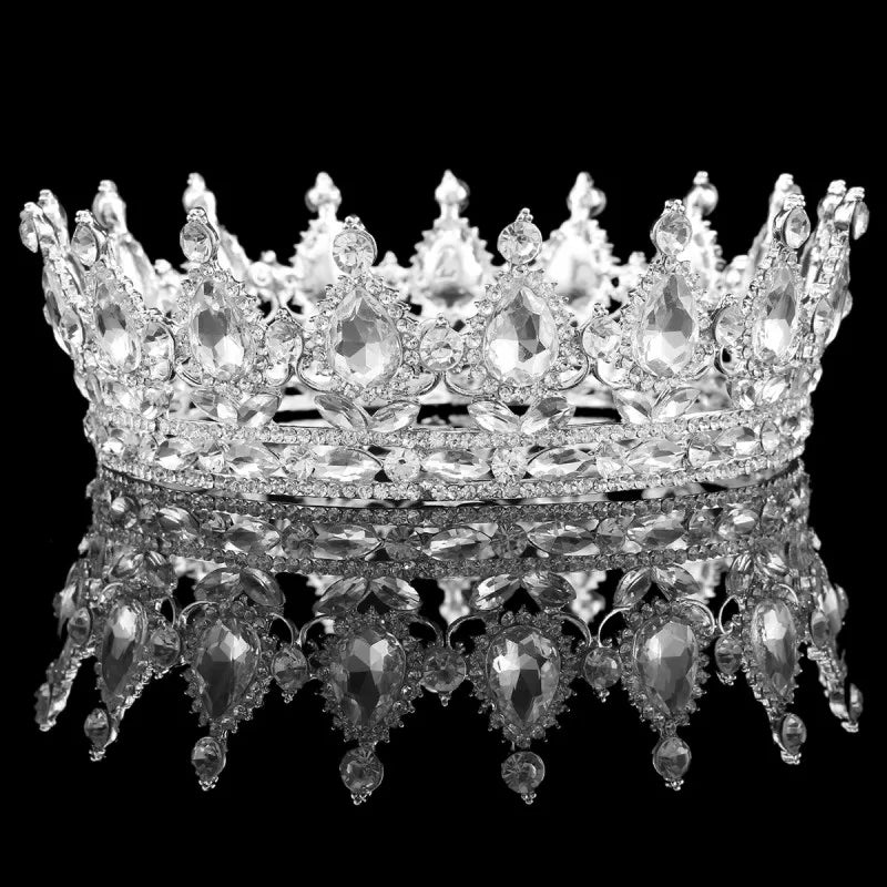 Bride Royal Pink Crystal Queen King Tiaras Baroque Round Crowns Big Rhinestone Pageant Diadem Headband Wedding Hair Accessories - EUFASHIONBAGS