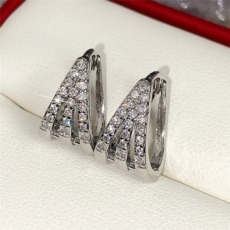 Geometric Hoop Earrings for Women Silver Color with Dazzling CZ Fashion Versatile Girls Earrings Party Daily Wear Jewelry