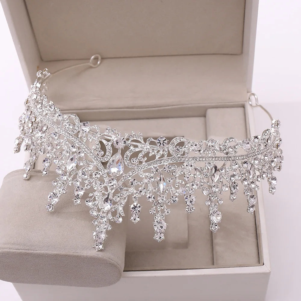 Luxury Silver Color Crystal Leaves Bridal Jewelry Sets Baroque Tiaras Crowns Earrings Choker Necklace Wedding Dubai Jewelry Set - EUFASHIONBAGS