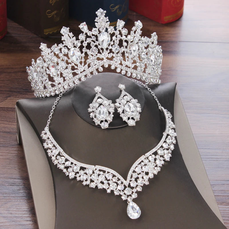 Baroque Crystal Water Drop Bridal Jewelry Sets Rhinestone Tiaras Crown Necklace Earrings for Bride Wedding Dubai Jewelry Set - EUFASHIONBAGS