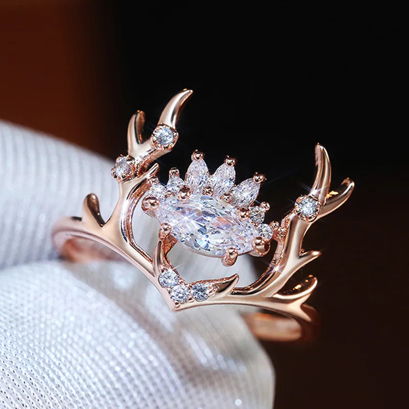 Rose Gold Color Elk Shape Women Rings Fashion Newly-designed Jewelry Anniversary Christmas Present New Year Gift for Girl