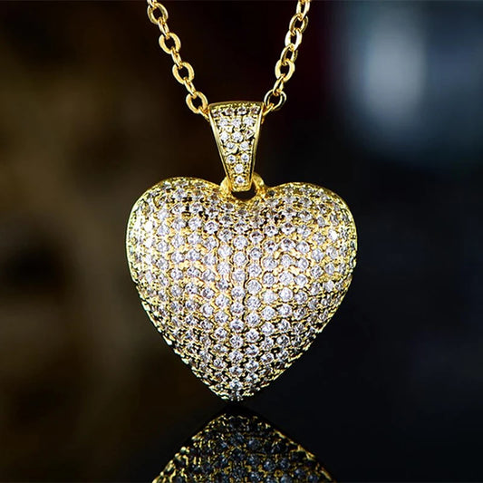 Dazzling Gold Color Full Paved CZ Heart Pendant Women Necklace Female Engagement Jewelry Necklaces Hot Selling - EUFASHIONBAGS