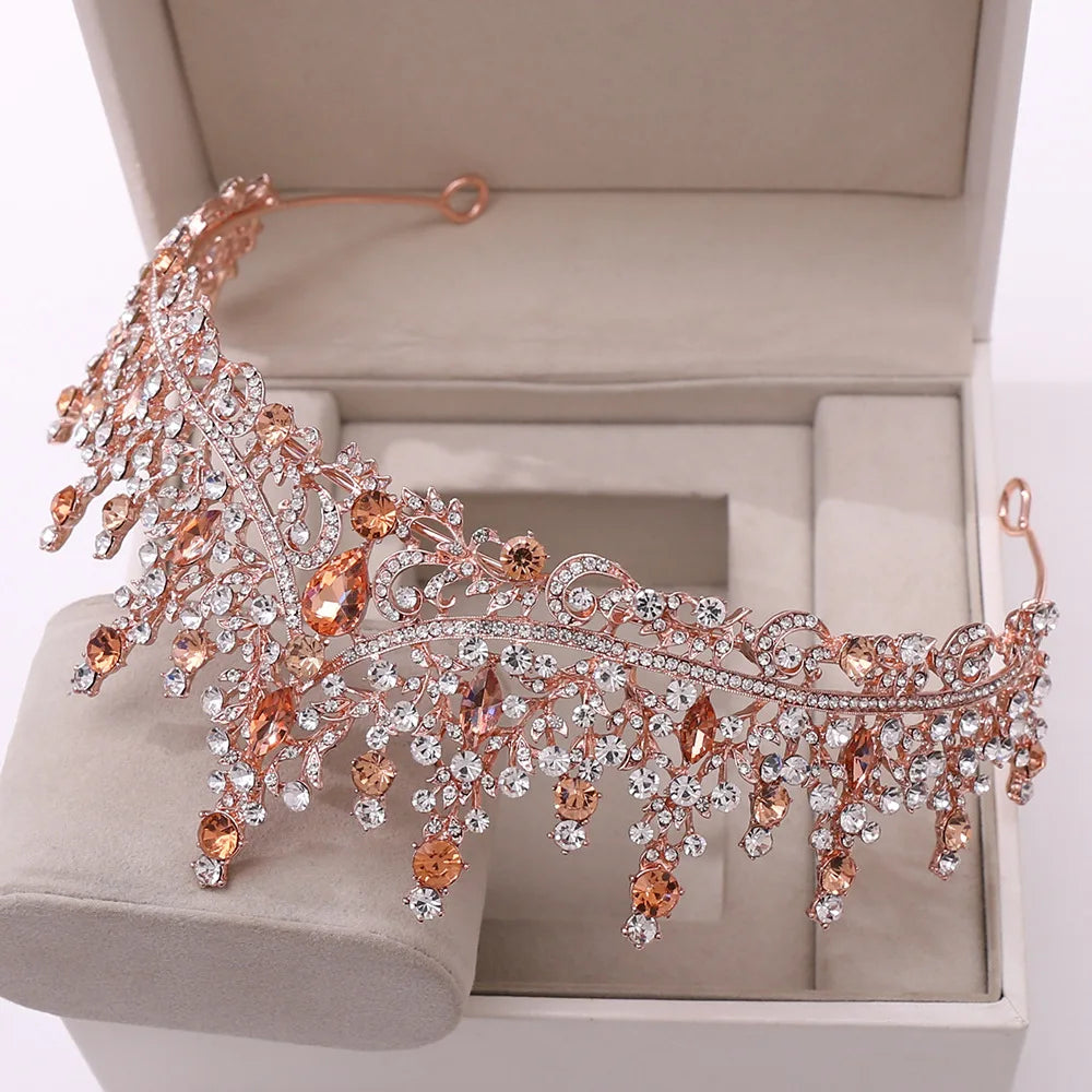 Baroque Retro Rose Gold Color Crystal Bridal Tiaras Crown Rhinestone Pageant Prom Diadem Bride Headband Wedding Hair Accessories - EUFASHIONBAGS