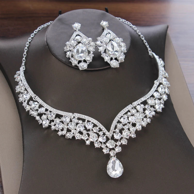 Baroque Crystal Water Drop Bridal Jewelry Sets Rhinestone Tiaras Crown Necklace Earrings for Bride Wedding Dubai Jewelry Set - EUFASHIONBAGS