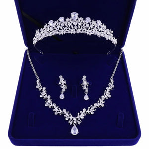 Luxury Crystal Leaf Bridal Jewelry Sets Rhinestone Crown Tiaras Necklace Earrings Set for Bride African Beads Jewelry Sets Gift