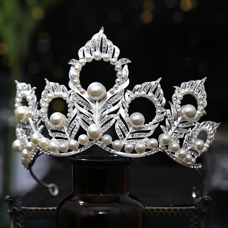 Luxury Miss Universe Round Crown Crystal Pearls Wedding Crowns Peacock Feather Tiaras Rhinestone Pageant Diadem Hair Accessories - EUFASHIONBAGS