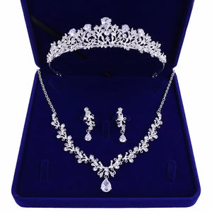 Luxury Crystal Leaf Bridal Jewelry Sets Rhinestone Crown Tiaras Necklace Earrings Set for Bride African Beads Jewelry Sets Gift