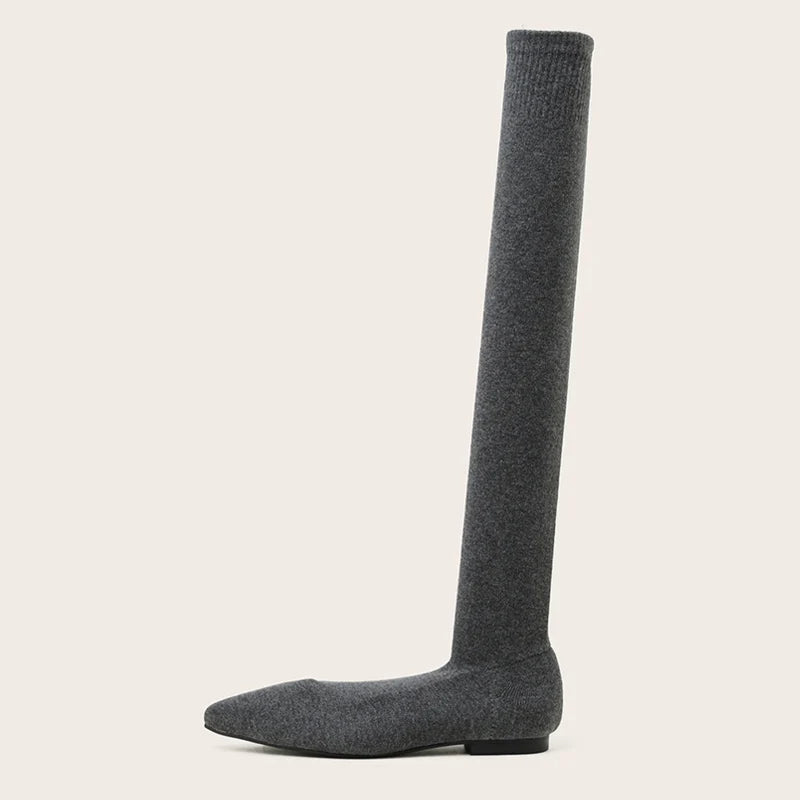 Size 34-40 Fashion Slim Leg Thigh High Sock Boots Women Black Stretch Fabric Pointed Toe Flat Heels Over The Knee Slip On Shoes