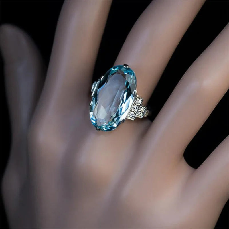 Light Sky Blue Wedding Ring Solitaire Band Oval Stone Engage Party Women Luxury Jewelry Shine CZ Stone Best Gift