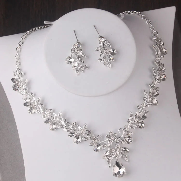 Luxury Silver Color Crystal Leaves Bridal Jewelry Sets Baroque Tiaras Crowns Earrings Choker Necklace Wedding Dubai Jewelry Set - EUFASHIONBAGS