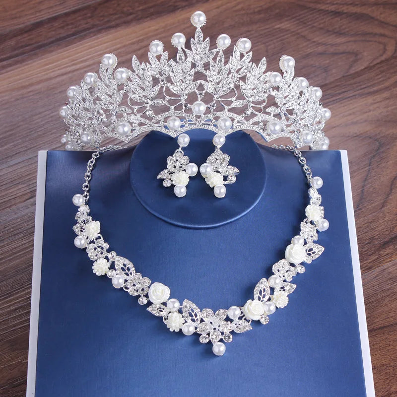 Luxury Bride Crystal Pearl Flower Costume Jewelry Sets Rhinestone Choker Necklace Earrings Tiara Crown Women Wedding Jewelry Set - EUFASHIONBAGS