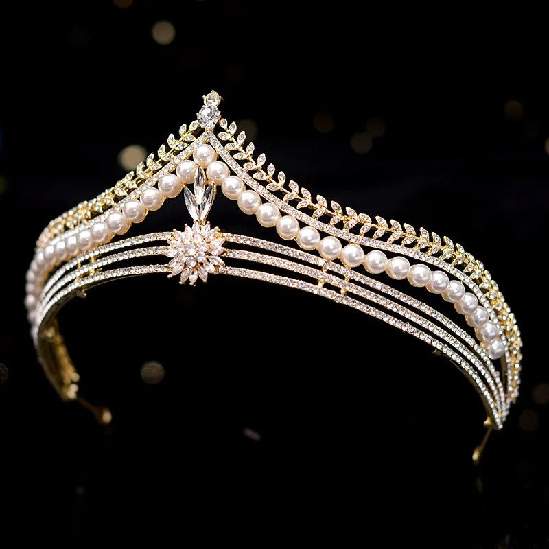 Baroque Retro Gold Color Crystal Pearl Bridal Tiaras Crown Geometric Rhinestone Pageant Diadem Headband Wedding Hair Accessories - EUFASHIONBAGS