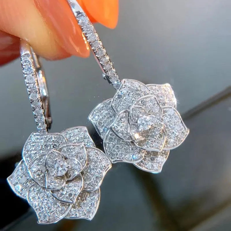 Luxury Flower Earrings for Women Full Cubic Zirconia Bling Bling Female Ear Accessories Dance Party Novel Jewelry