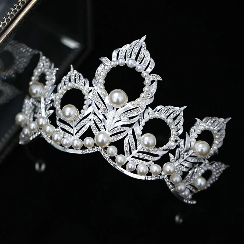 Luxury Miss Universe Round Crown Crystal Pearls Wedding Crowns Peacock Feather Tiaras Rhinestone Pageant Diadem Hair Accessories - EUFASHIONBAGS