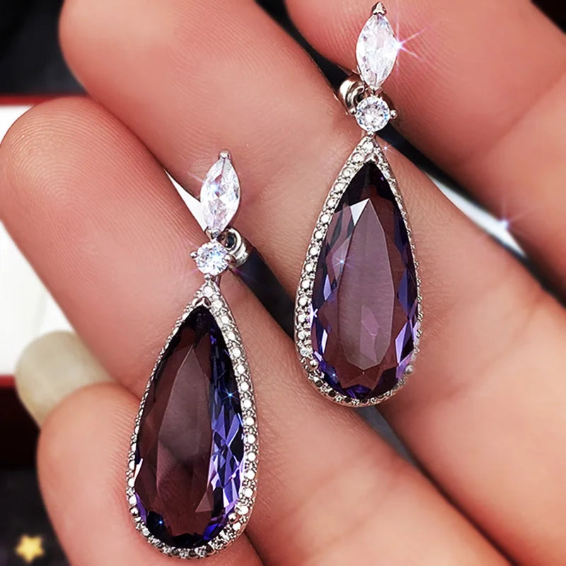 Charming Water Drop Purple CZ Drop Earrings for Women Luxury Bridal Wedding Jewelry Lady's Earrings - EUFASHIONBAGS