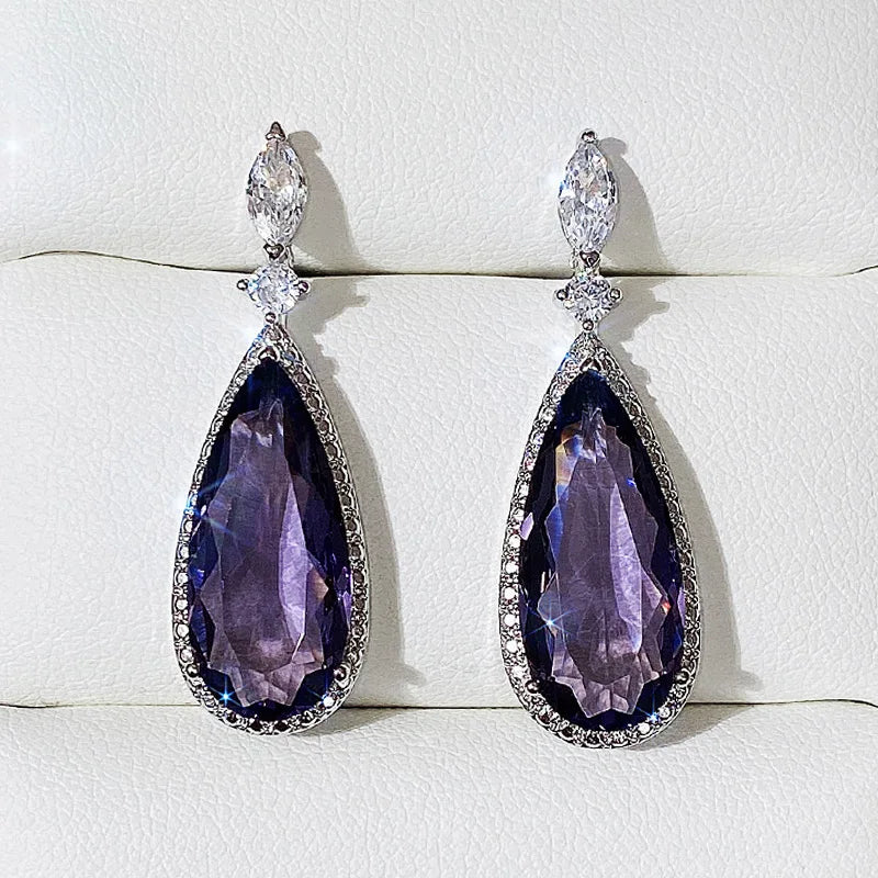 Charming Water Drop Purple CZ Drop Earrings for Women Luxury Bridal Wedding Jewelry Lady's Earrings