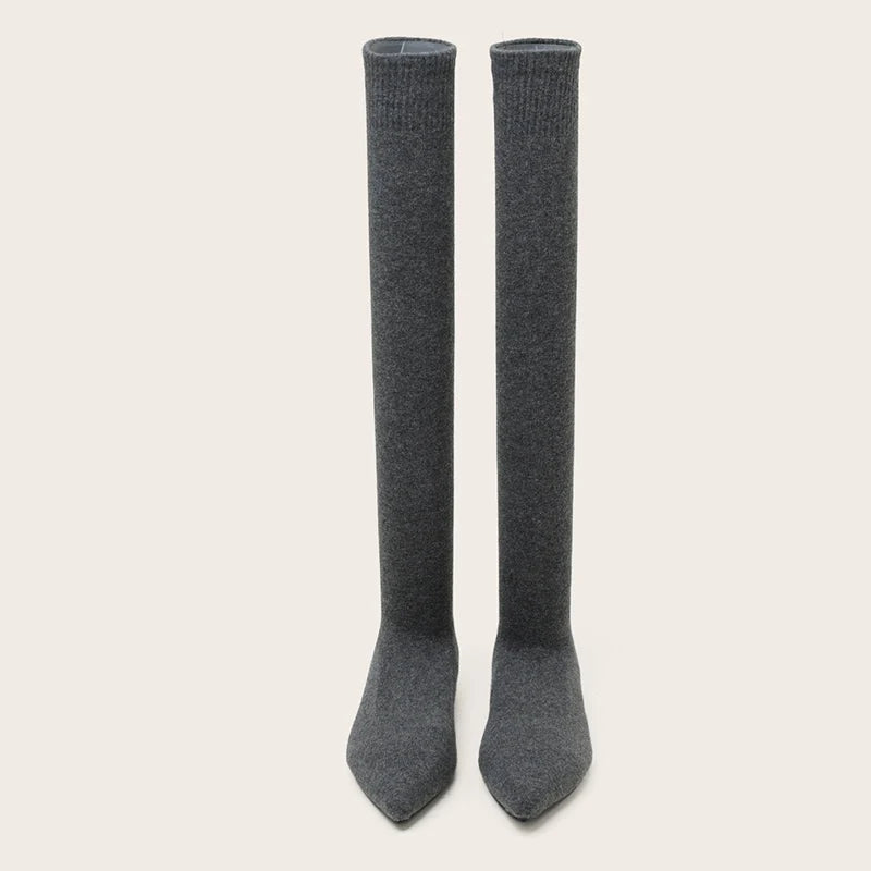 Size 34-40 Fashion Slim Leg Thigh High Sock Boots Women Black Stretch Fabric Pointed Toe Flat Heels Over The Knee Slip On Shoes