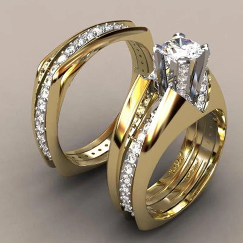 2Pcs Bridal Set Ring Luxury Gold Color Geometric Shape Wedding Jewelry Women Micro Pave CZ Lady Proposal Engagement Rings - EUFASHIONBAGS