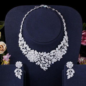 Flower Leaf Drop Cubic Zircon Women Necklace Earrings Jewelry Set cw51 - www.eufashionbags.com