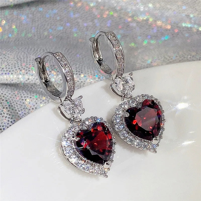 Blue/Garnet Heart Cubic Zirconia Wedding Earrings for Women Eternity Love Earrings Engagement Accessories Fashion Jewelry - EUFASHIONBAGS