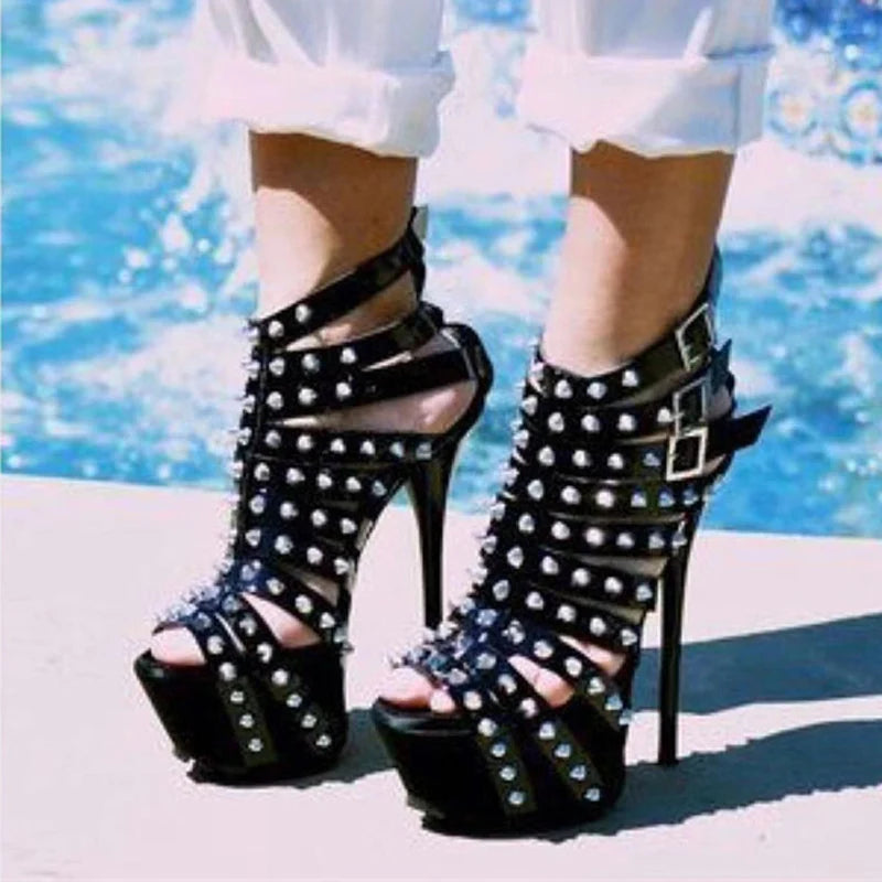 2025 New Summer Platform High Heels Sandals Women Sexy Peep Toe Pumps Fashion Rivet Decoration Party Pole Dance Shoes