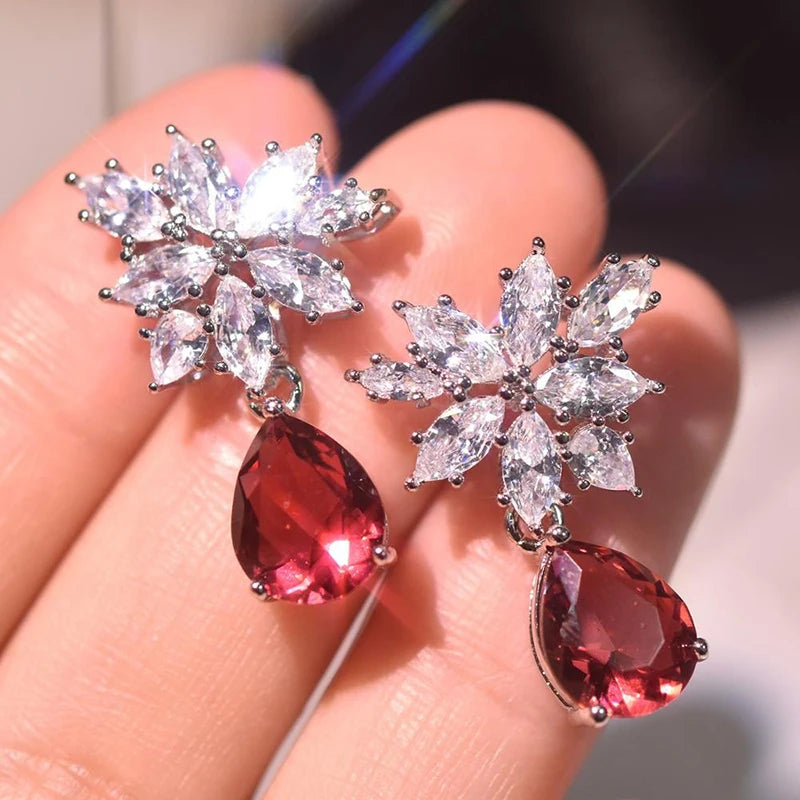 Gorgeous Women Wedding Dangle Earrings Red Water Drop Cubic Zirconia Noble Bridal Marriage Party Earring Trendy Jewelry