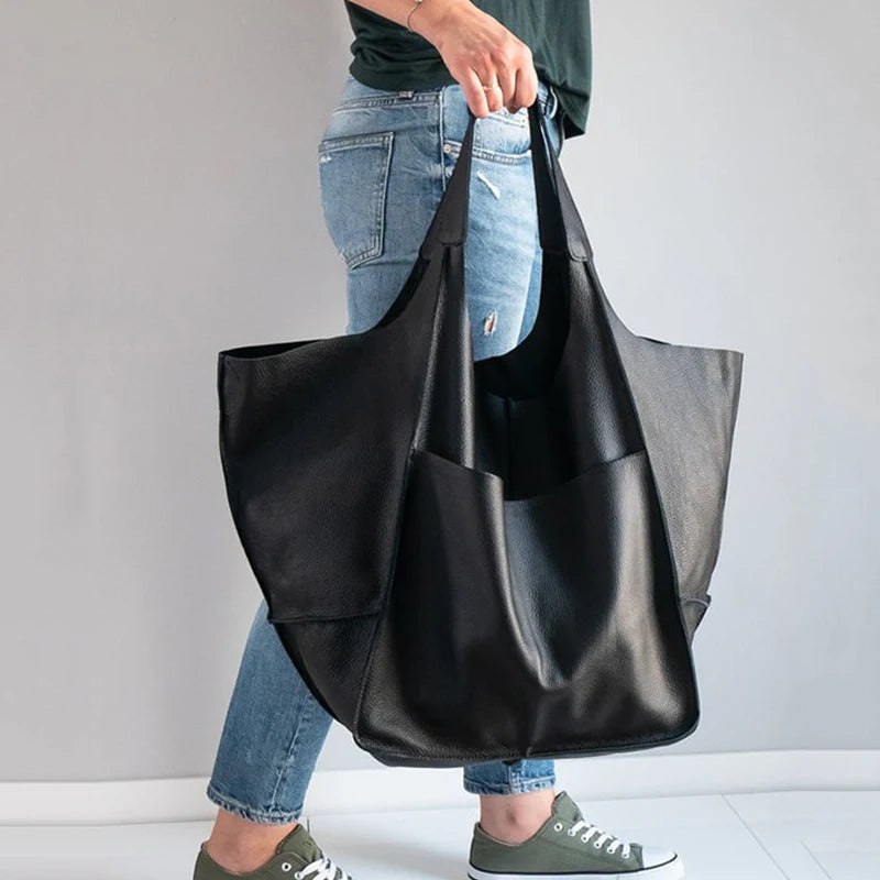 Casual Soft PU Leather Large Tote Hobo Bags Women Vintage Handbag Luxury Designer Splicing Shoulder Shopper Purse Bolsa - EUFASHIONBAGS