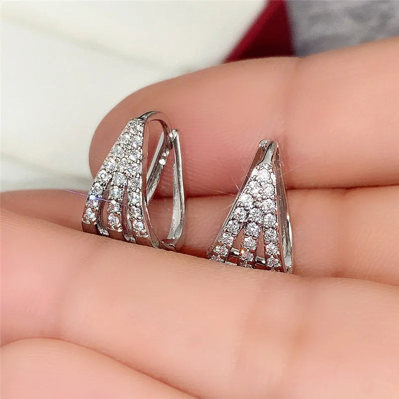 Geometric Hoop Earrings for Women Silver Color with Dazzling CZ Fashion Versatile Girls Earrings Party Daily Wear Jewelry