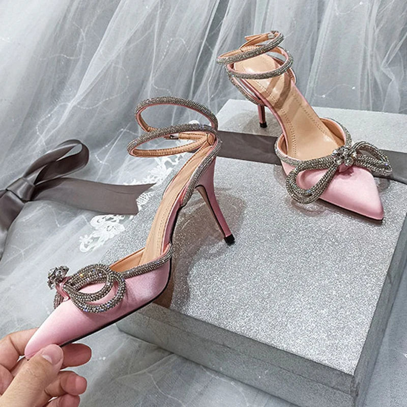 2025 New Fashion Glitter Rhinestones Women Pumps Crystal Bowknot Silk Pointed Toe Buckle Strap Thin High Heels Party Prom Shoes