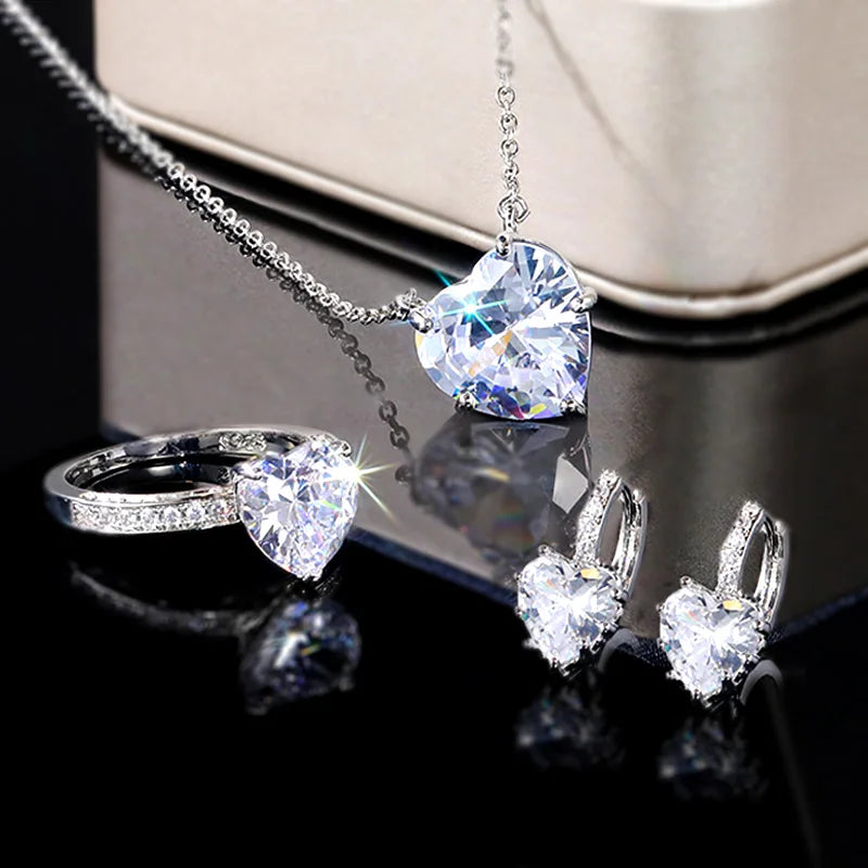 Luxury Heart CZ Women Wedding Sets Ring/Earring/Necklace High-quality Silver Color Love Jewelry Eternity Accessories Bulk - EUFASHIONBAGS